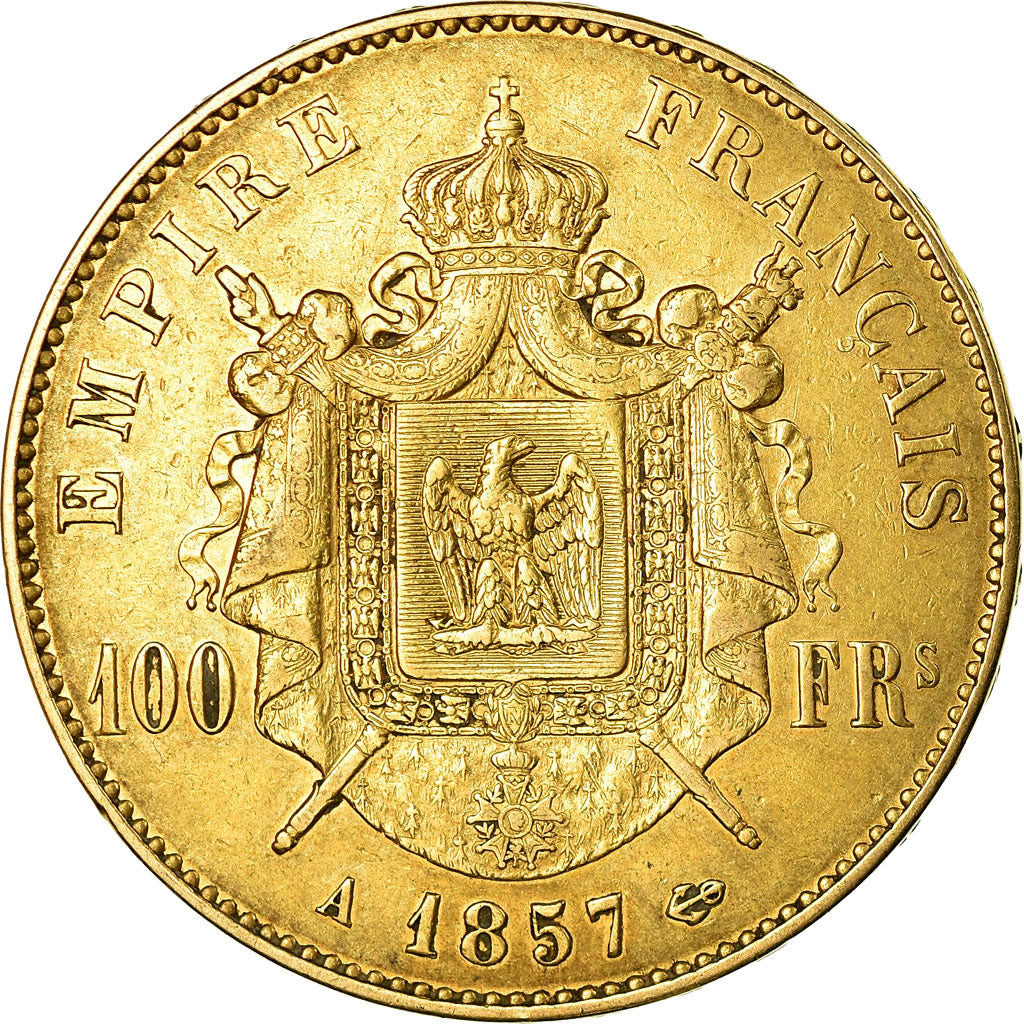 Moneda, Francia, Napoleon III, 100 Francs, 1857, Paris, BC+, Oro, KM:786.1