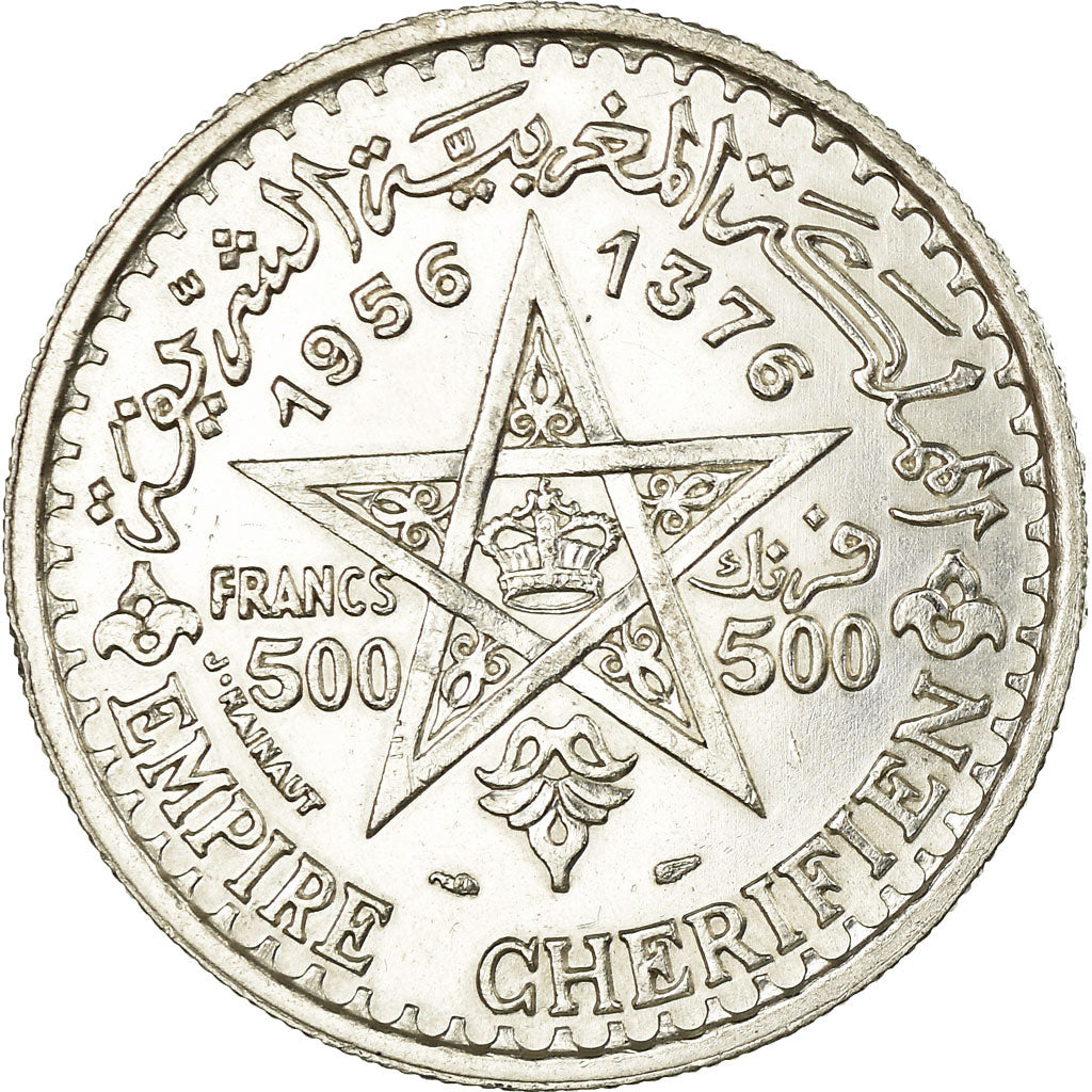 Coin, Morocco, Mohammed V, 500 Francs, 1956, Paris, AU(50-53), Silver, KM:54