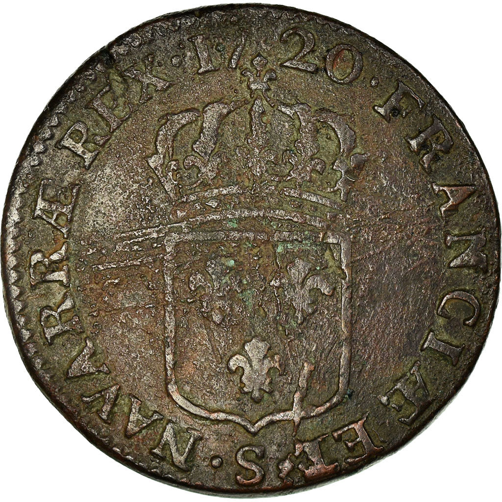 Moeda, França, Louis XV, Sol au buste enfantin, 1720, Reims, VF(20-25), Cobre