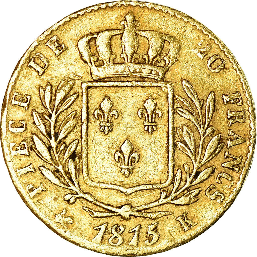 Moneta, Francja, Louis XVIII, 20 Francs, 1815, Bordeaux, VF(30-35), Złoto