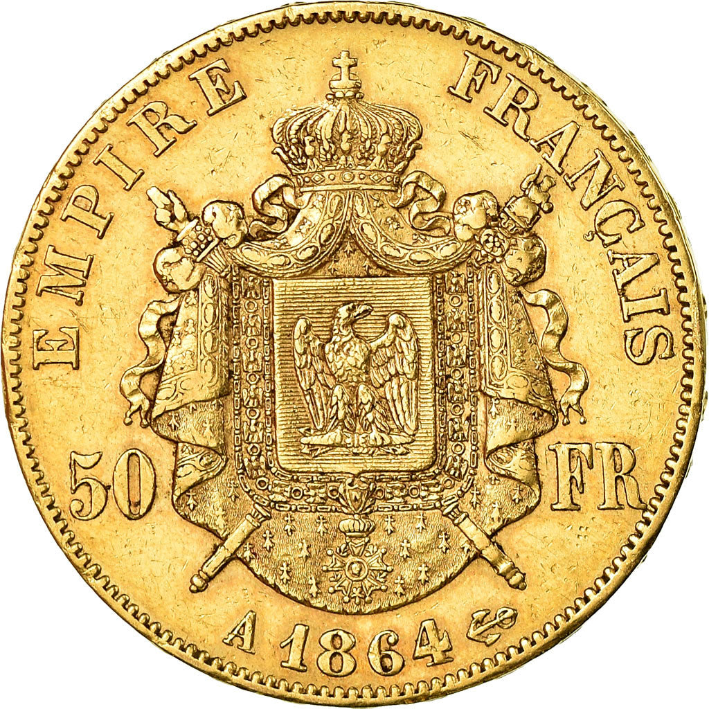 Moneda, Francia, Napoleon III, 50 Francs, 1864, Paris, MBC, Oro, Gadoury:1112