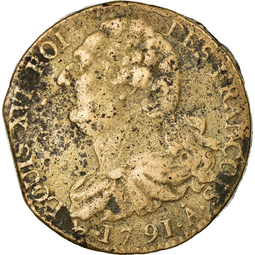 Coin, France, Louis XVI, 2 Sols, 1791, Paris, VF(20-25), Bronze, Gadoury:25