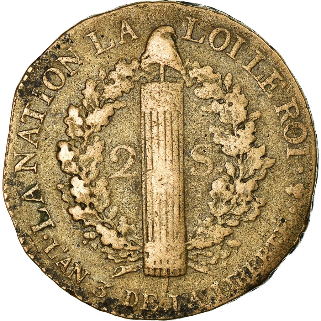 Coin, France, Louis XVI, 2 Sols, 1791, Paris, VF(20-25), Bronze, Gadoury:25