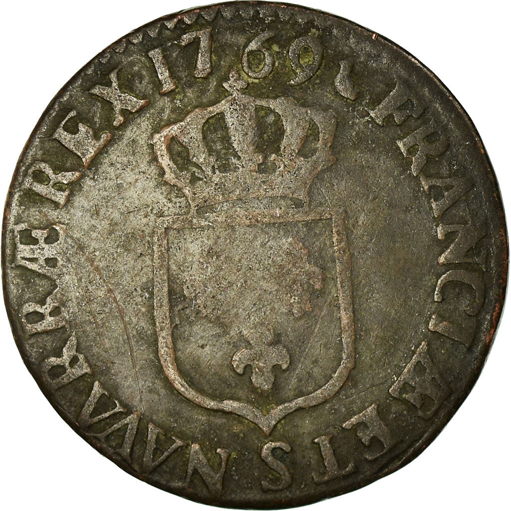 Moneta, Francia, Louis XV, 1/2 Sol à la vieille tête, 1769, Reims, B+, Rame