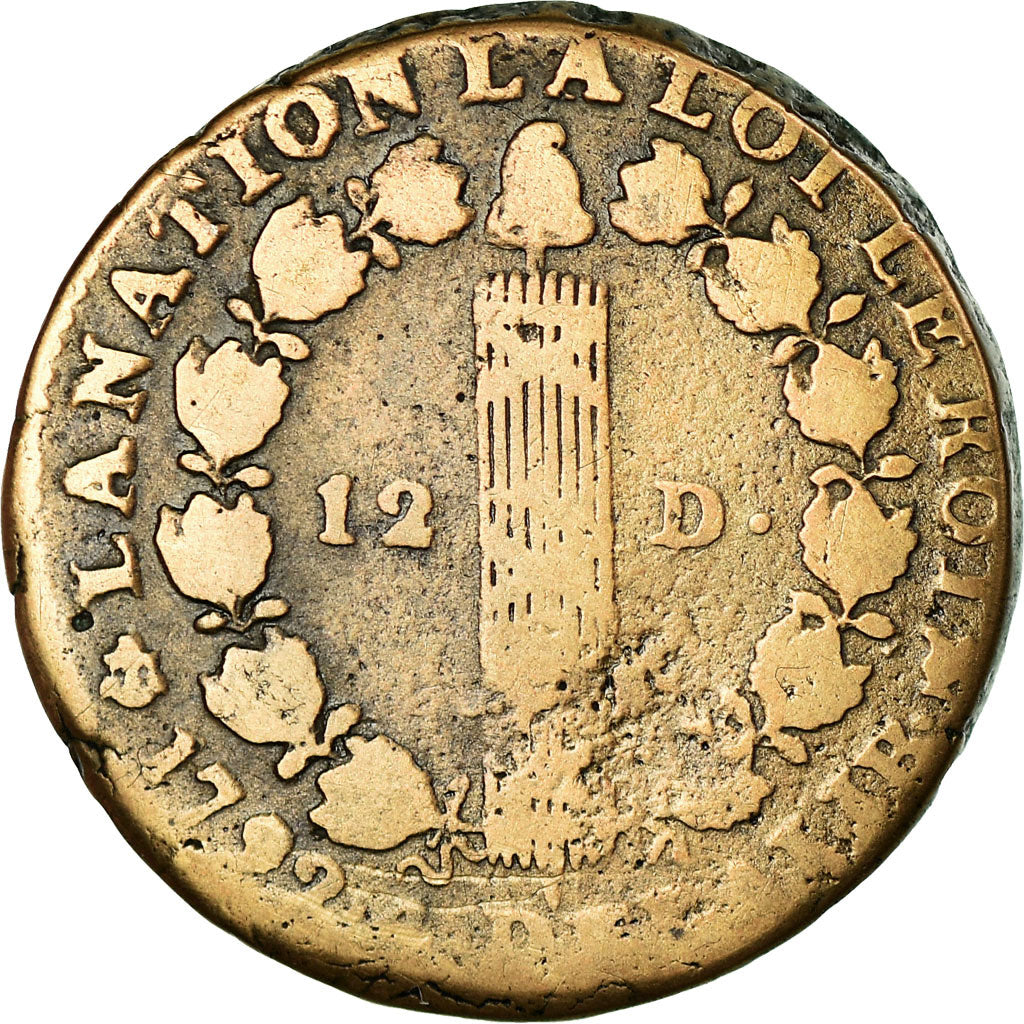 Moneta, Francia, Louis XVI, 12 Deniers, 1792, La Rochelle, B+, Bronzo, KM:600.6