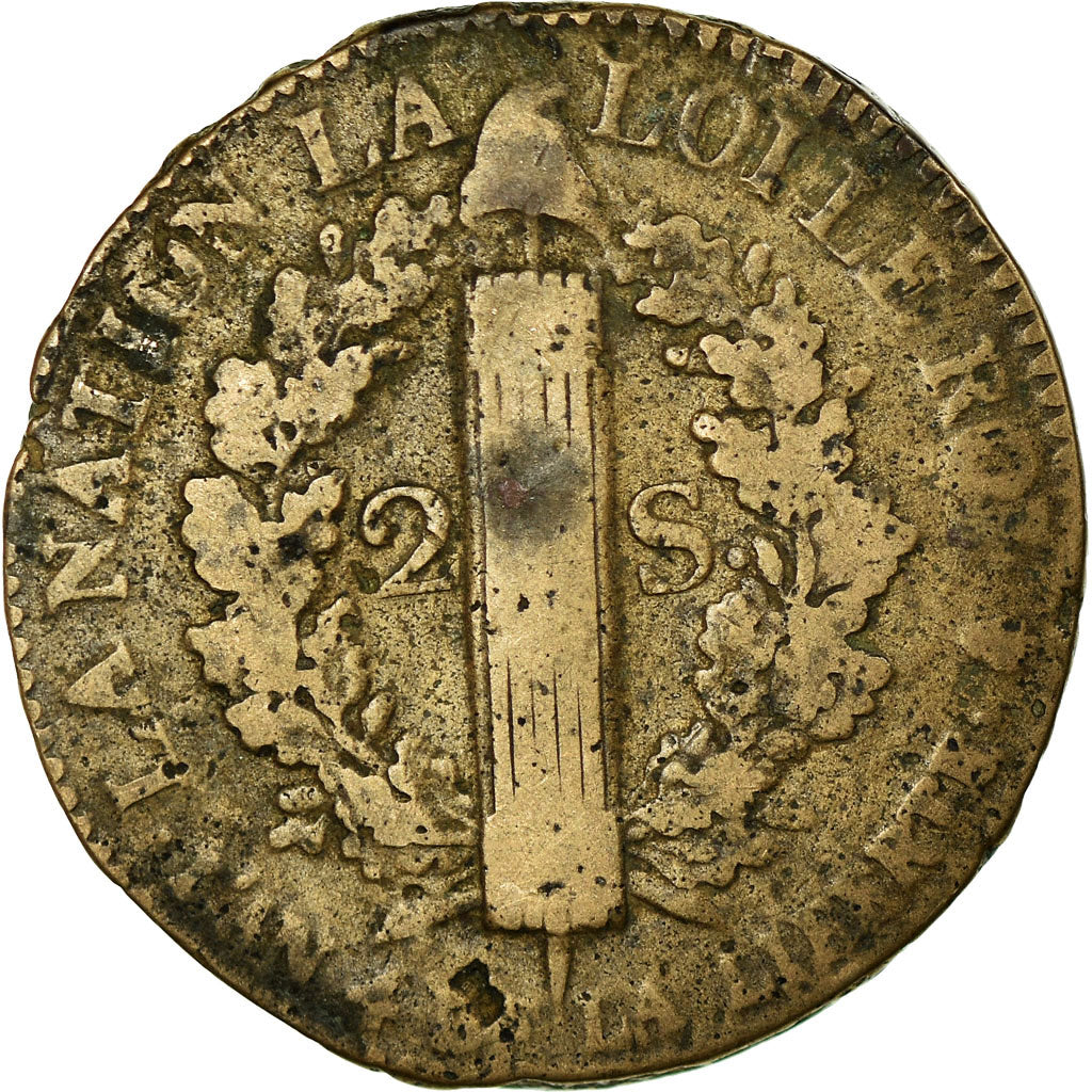 Moneda, Francia, Louis XVI, 2 Sols, 1792, Paris, BC+, Bronce, Gadoury:25