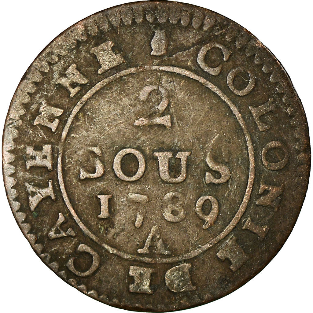 Moneta, Guinea francese, Louis XVI, 2 Sous, 1789, Paris, MB+, Biglione, KM:1