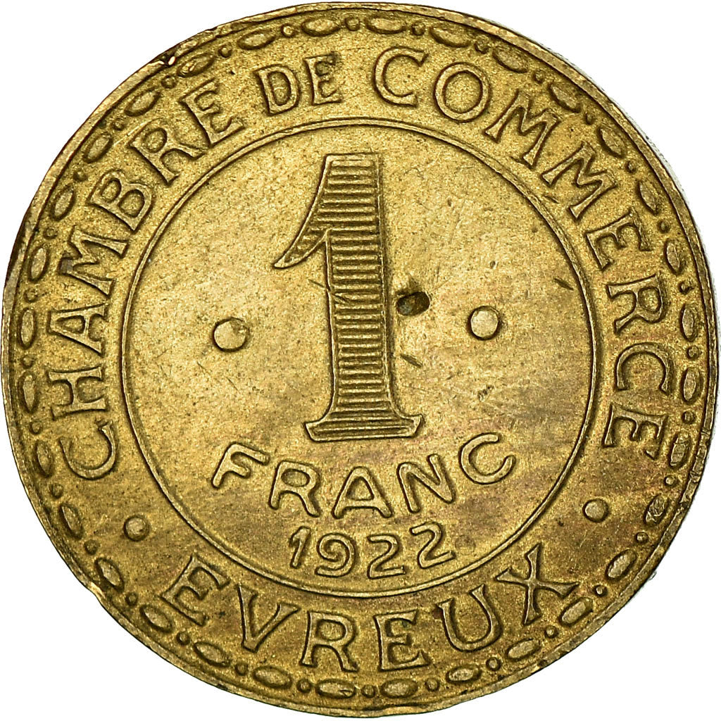 Moeda, França, Chambre de Commerce, Evreux, 1 Franc, 1922, AU(50-53), Latão