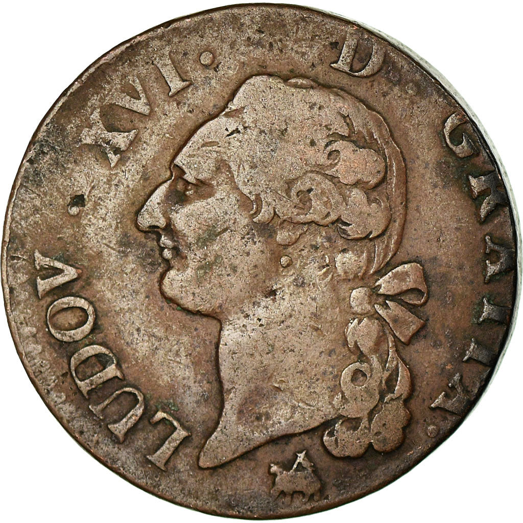 Coin, France, Louis XVI, Sol à l'Ecu, 1790, Rouen, VF(20-25), Copper