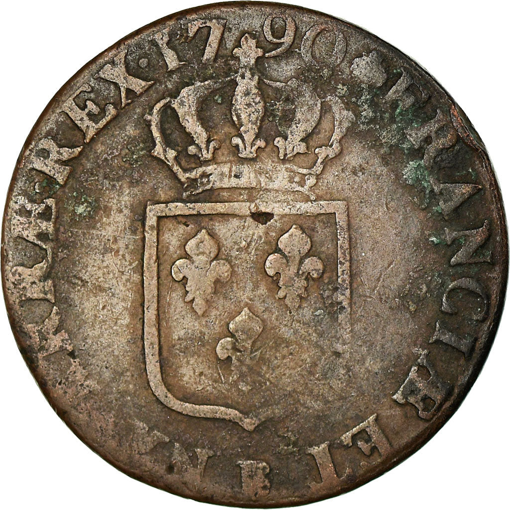 Coin, France, Louis XVI, Sol à l'Ecu, 1790, Rouen, VF(20-25), Copper