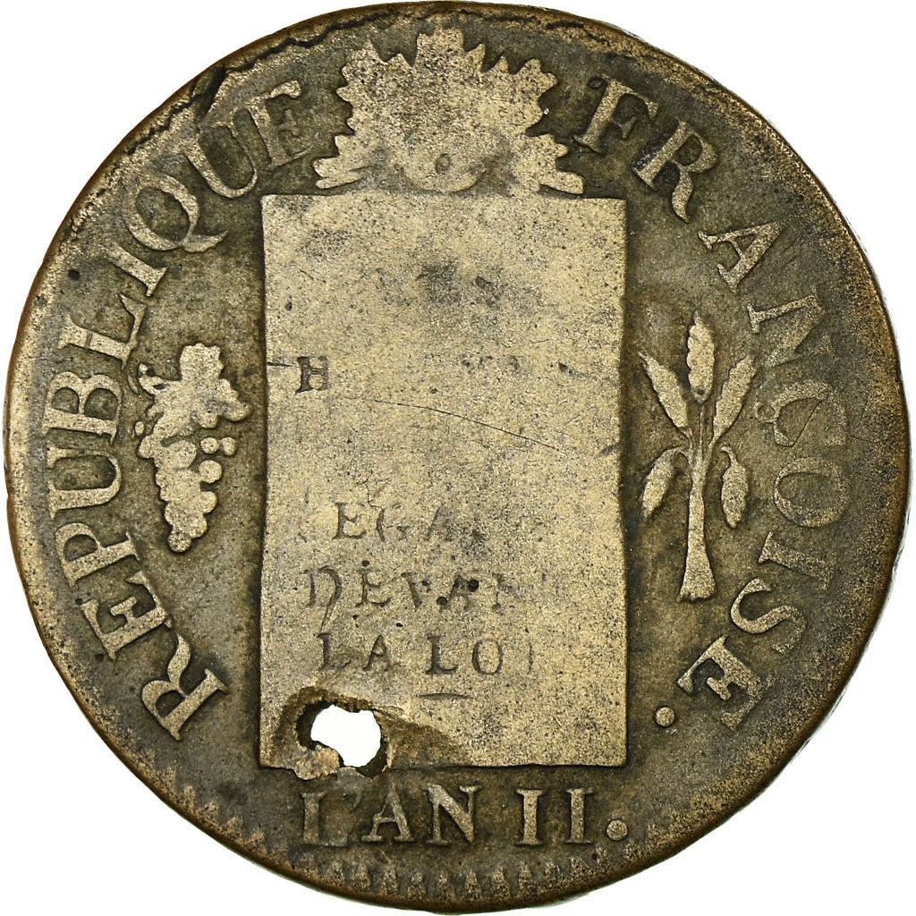 Monnaie, France, Sol aux Balances, 1793, Strasbourg, Trouée, B+, Bronze