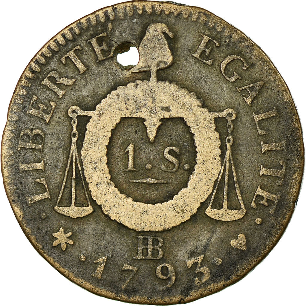 Monnaie, France, Sol aux Balances, 1793, Strasbourg, Trouée, B+, Bronze