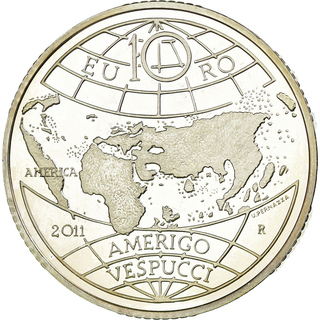 Italy, 10 Euro, Amerigo Vespucci, 2011, MS(65-70), Silver, KM:339