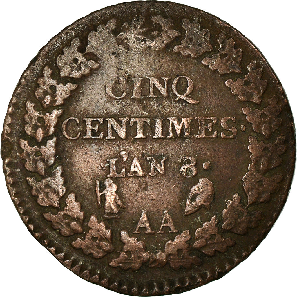 Coin, France, Dupré, 5 Centimes, AN 8, Metz, VF(20-25), Bronze, KM:640.2