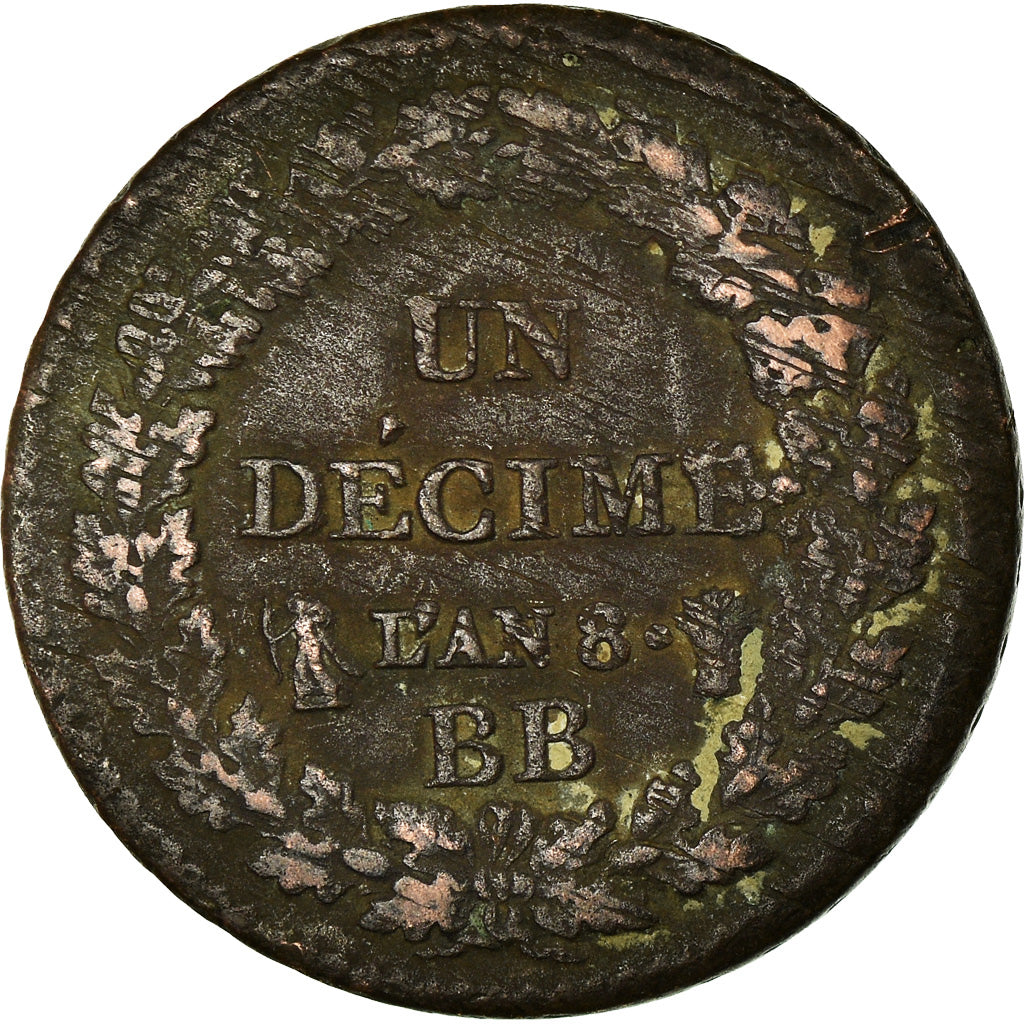 Coin, France, Dupré, Decime, AN 8, Strasbourg, VF(30-35), Bronze, KM:644.4