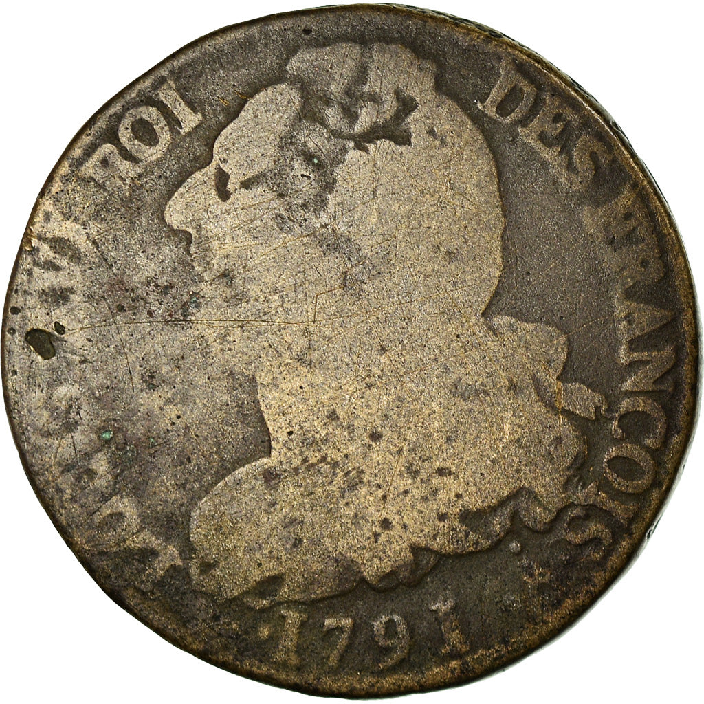Moneta, Francia, Louis XVI, 2 Sols, 1791, Paris, B+, Bronzo, KM:603.1