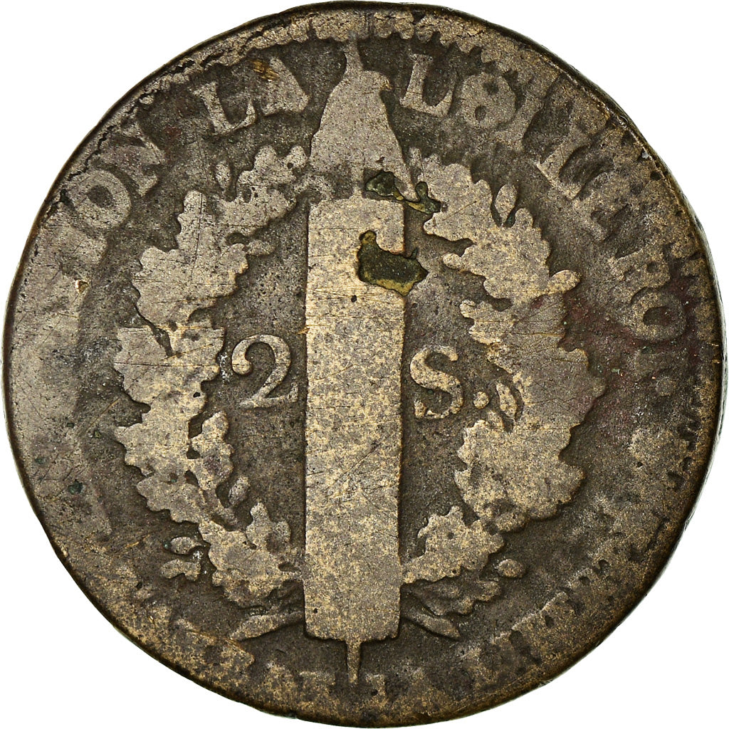 Moneta, Francia, Louis XVI, 2 Sols, 1791, Paris, B+, Bronzo, KM:603.1