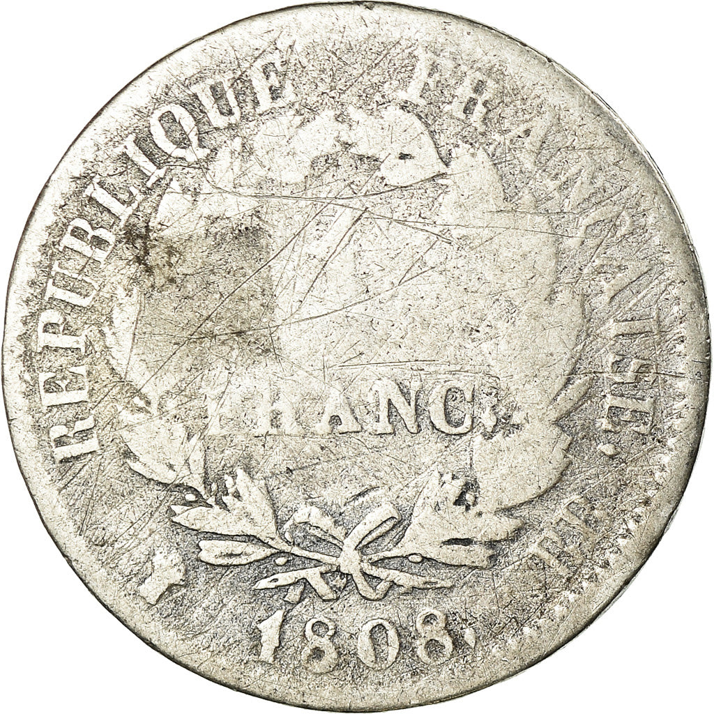 Moeda, França, Napoléon I, Franc, 1808, Strasbourg, F(12-15), Prata, KM:682.3