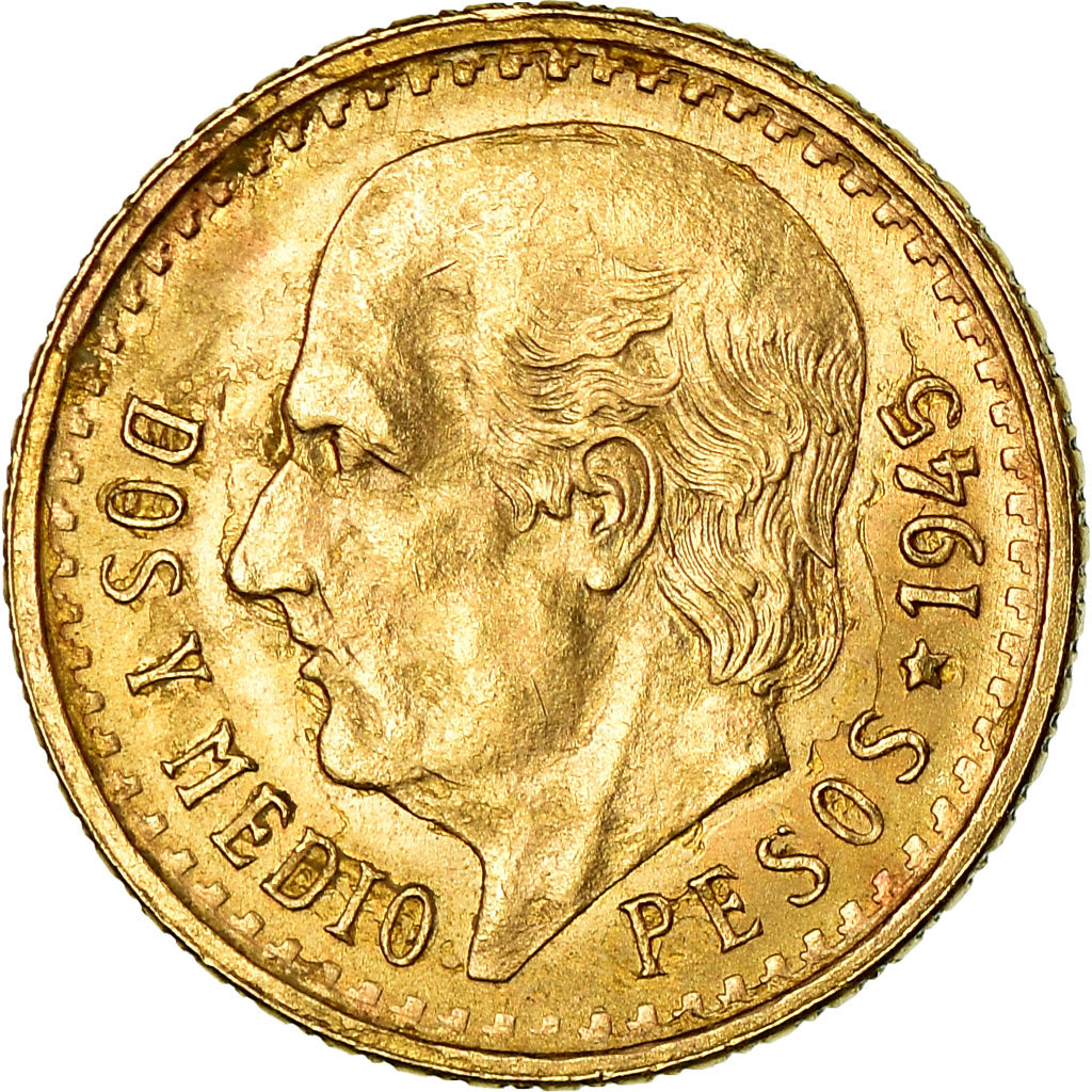 Coin, Mexico, 2-1/2 Pesos, 1945, Mexico City, AU(55-58), Gold, KM:463