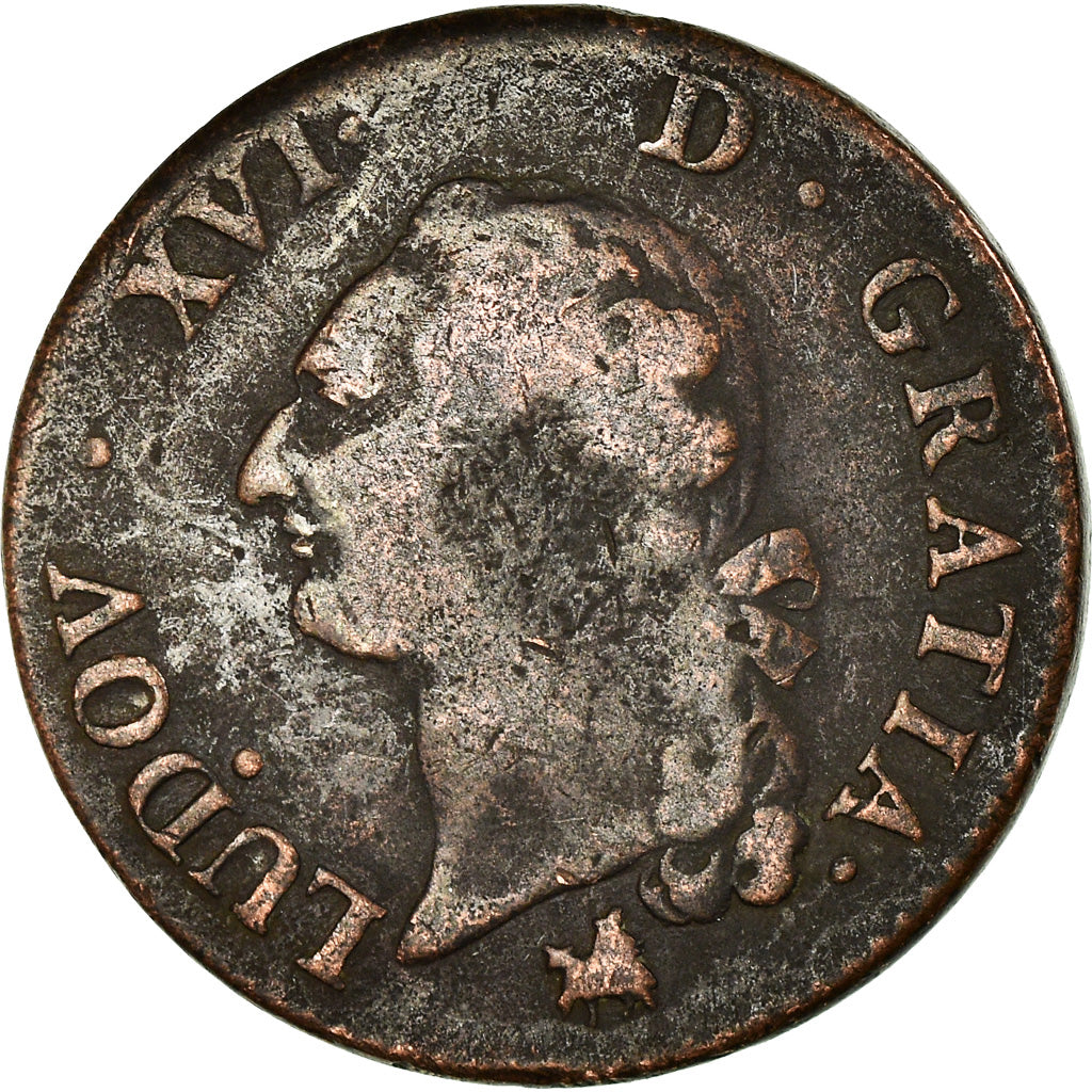 Coin, France, Louis XVI, Sol à l'Ecu, 1791, Rouen, VF(20-25), Copper