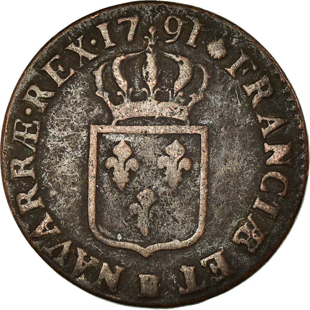 Coin, France, Louis XVI, Sol à l'Ecu, 1791, Rouen, VF(20-25), Copper