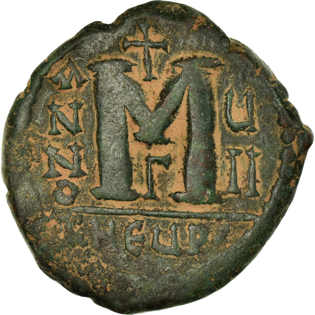 Coin, Justin II, Follis, 572-573, Antioch, EF(40-45), Copper, Sear:379