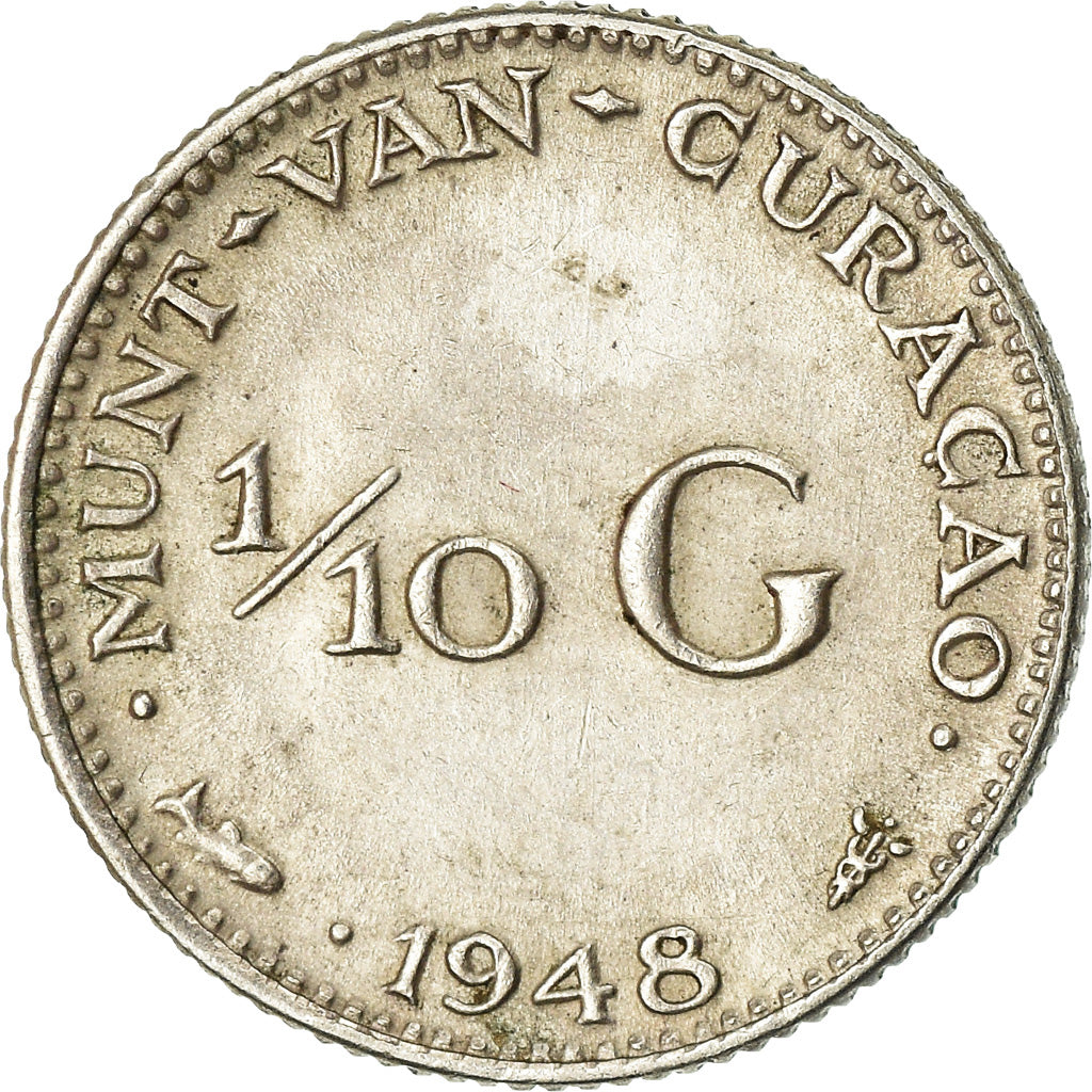 Coin, Curacao, 1/10 Gulden, 1948, AU(50-53), Silver, KM:48