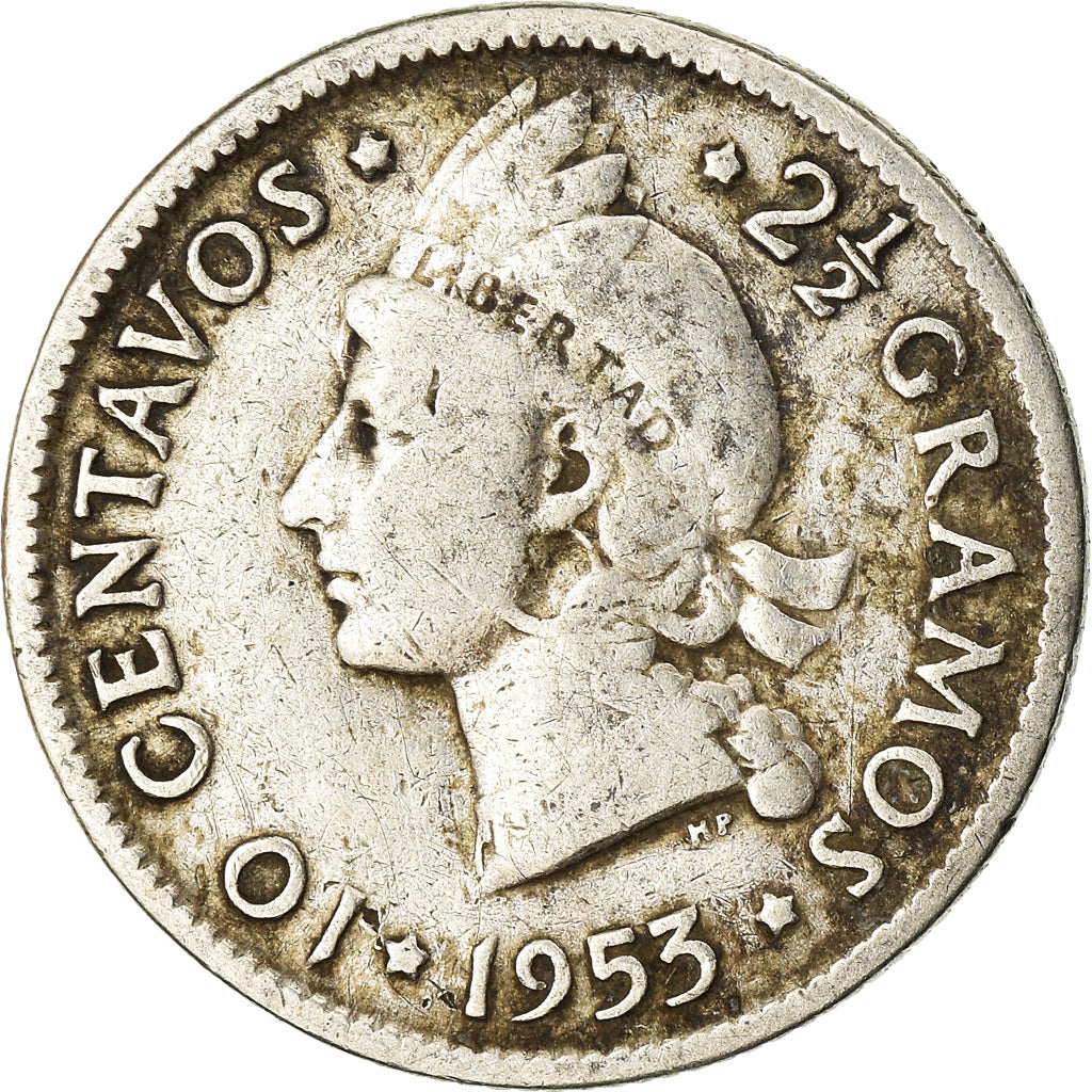 Coin, Dominican Republic, 10 Centavos, 1953, VF(30-35), Silver, KM:19