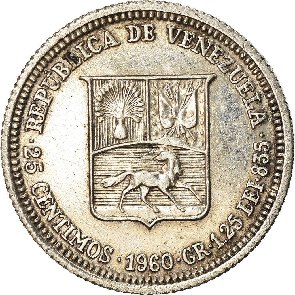 Coin, Venezuela, 25 Centimos, 1960, AU(50-53), Silver, KM:35a