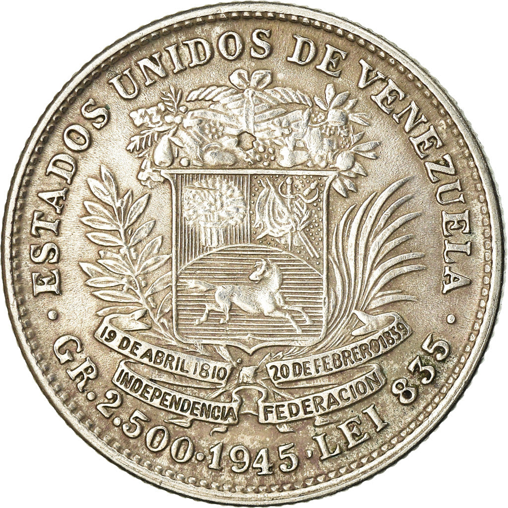 Moneta, Venezuela, Gr 2.500, 1/2 Bolivar, 1945, BB+, Argento, KM:21a