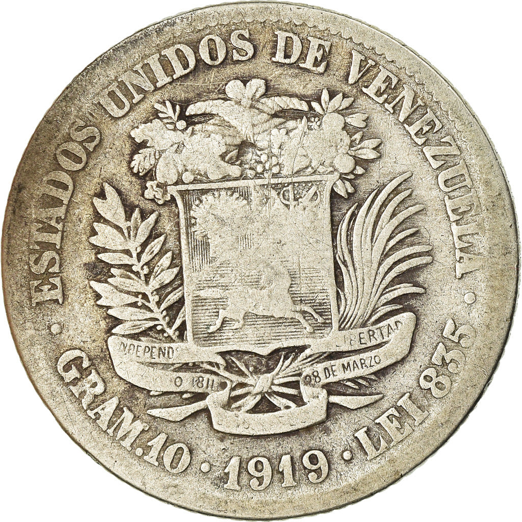 Munten, Venezuela, Gram 10, 2 Bolivares, 1919, ZG+, Zilver, KM:23
