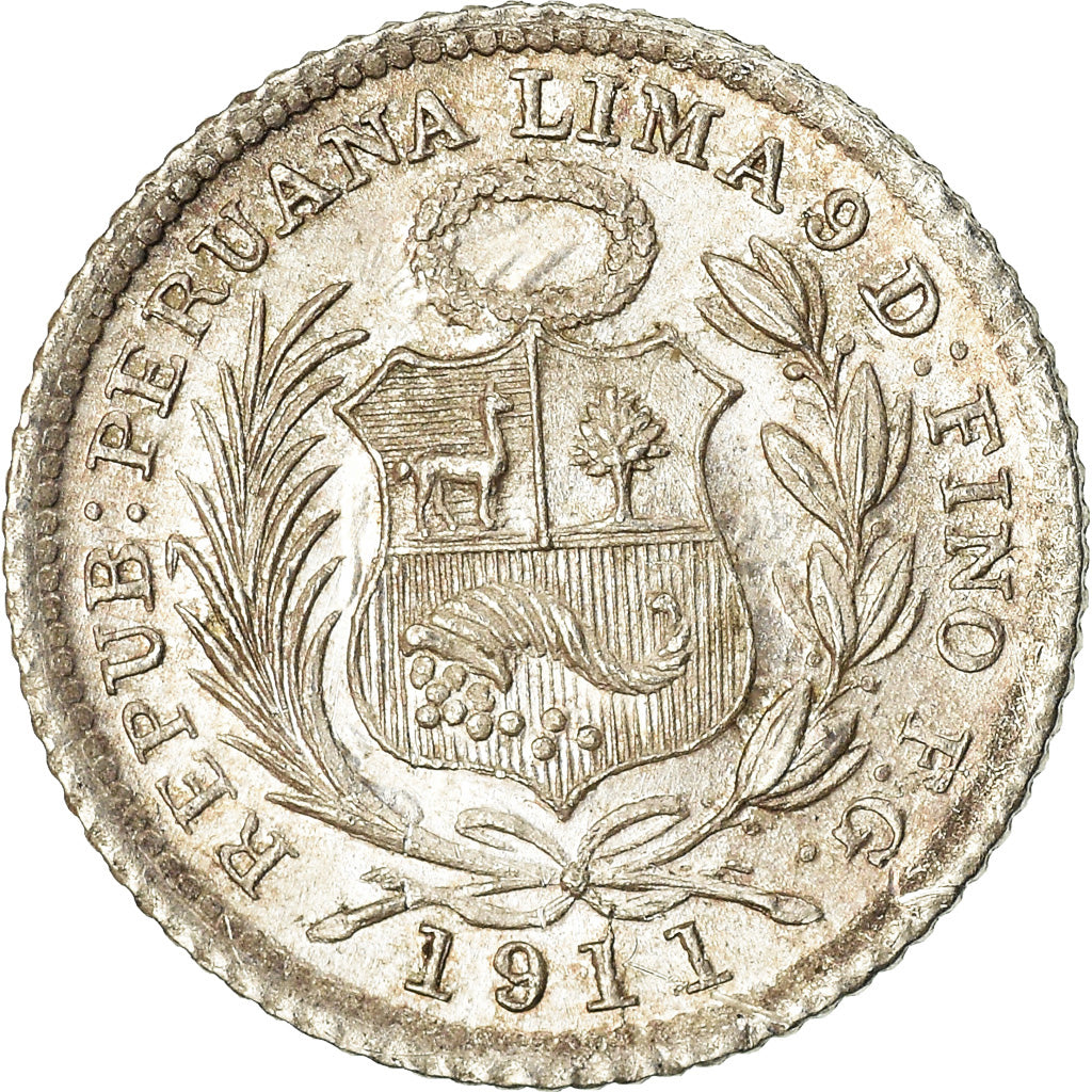 Moneta, Peru, 1/2 Dinero, 1911, Lima, MS(65-70), Srebro, KM:206.2