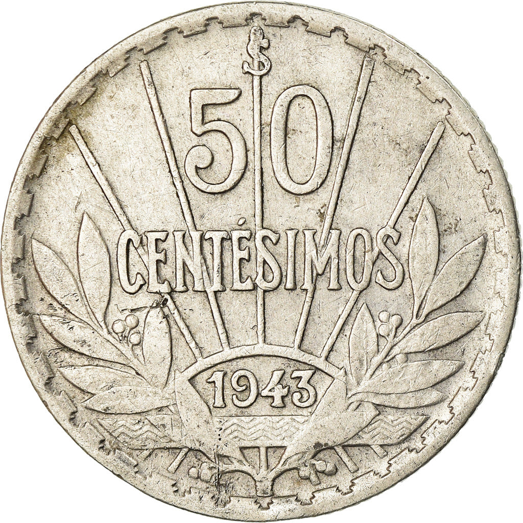 Coin, Uruguay, 50 Centesimos, 1943, Santiago, VF(30-35), Silver, KM:31