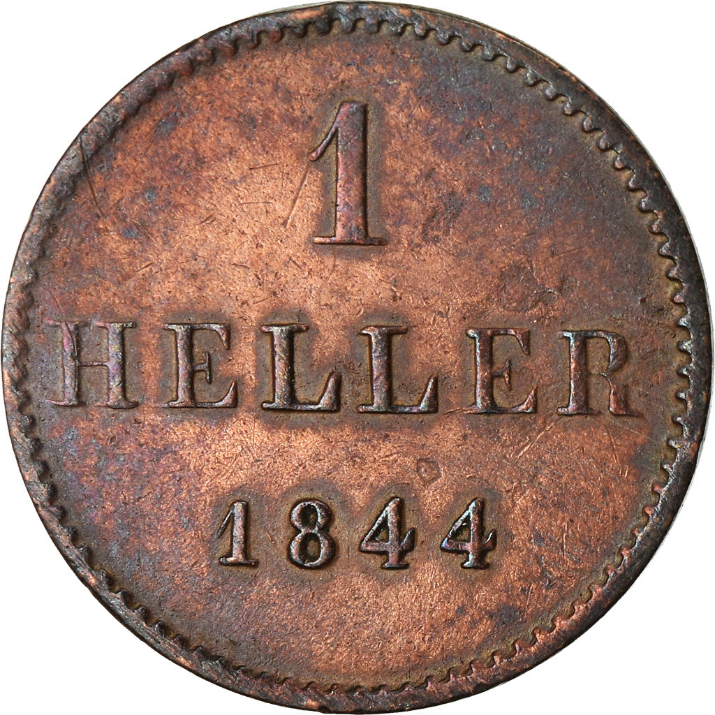 Moneta, Stati tedeschi, FRANKFURT AM MAIN, Heller, 1844, MB+, Rame, KM:327