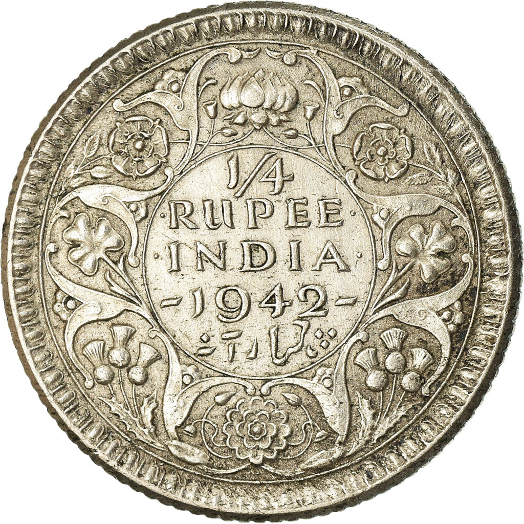 Coin, INDIA-BRITISH, George VI, 1/4 Rupee, 1942, AU(50-53), Silver, KM:547