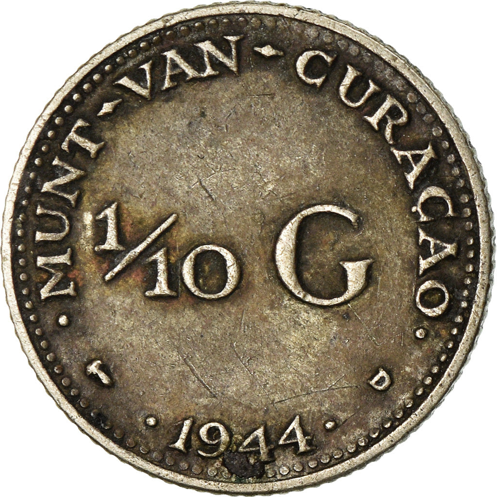 Moneda, Curaçao, 1/10 Gulden, 1944, Denver, USA, MBC, Plata, KM:43