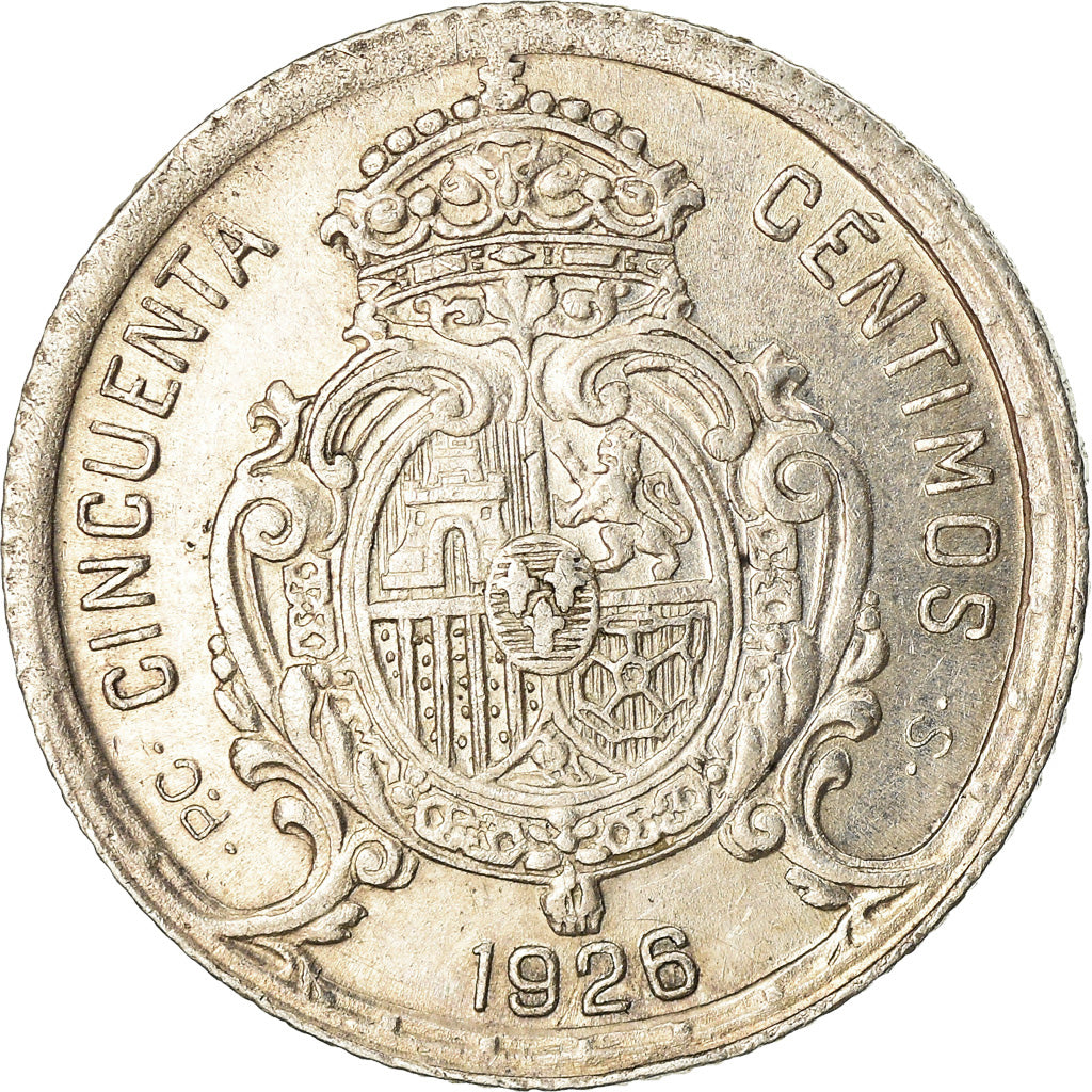 Coin, Spain, Alfonso XIII, 50 Centimos, 1926, AU(50-53), Silver, KM:741