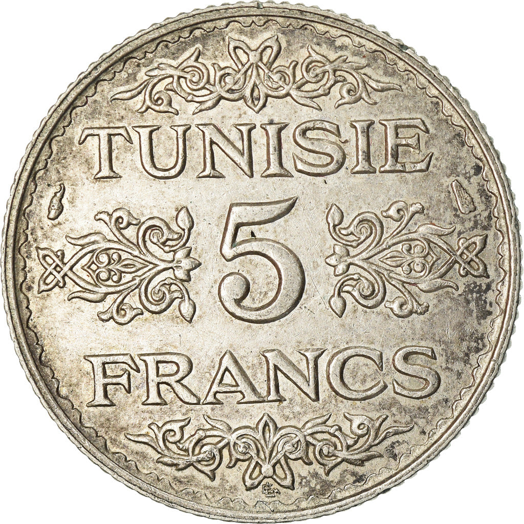 Moneda, Túnez, Ahmad Pasha Bey, 5 Francs, AH 1353/1934, Paris, MBC+, Plata