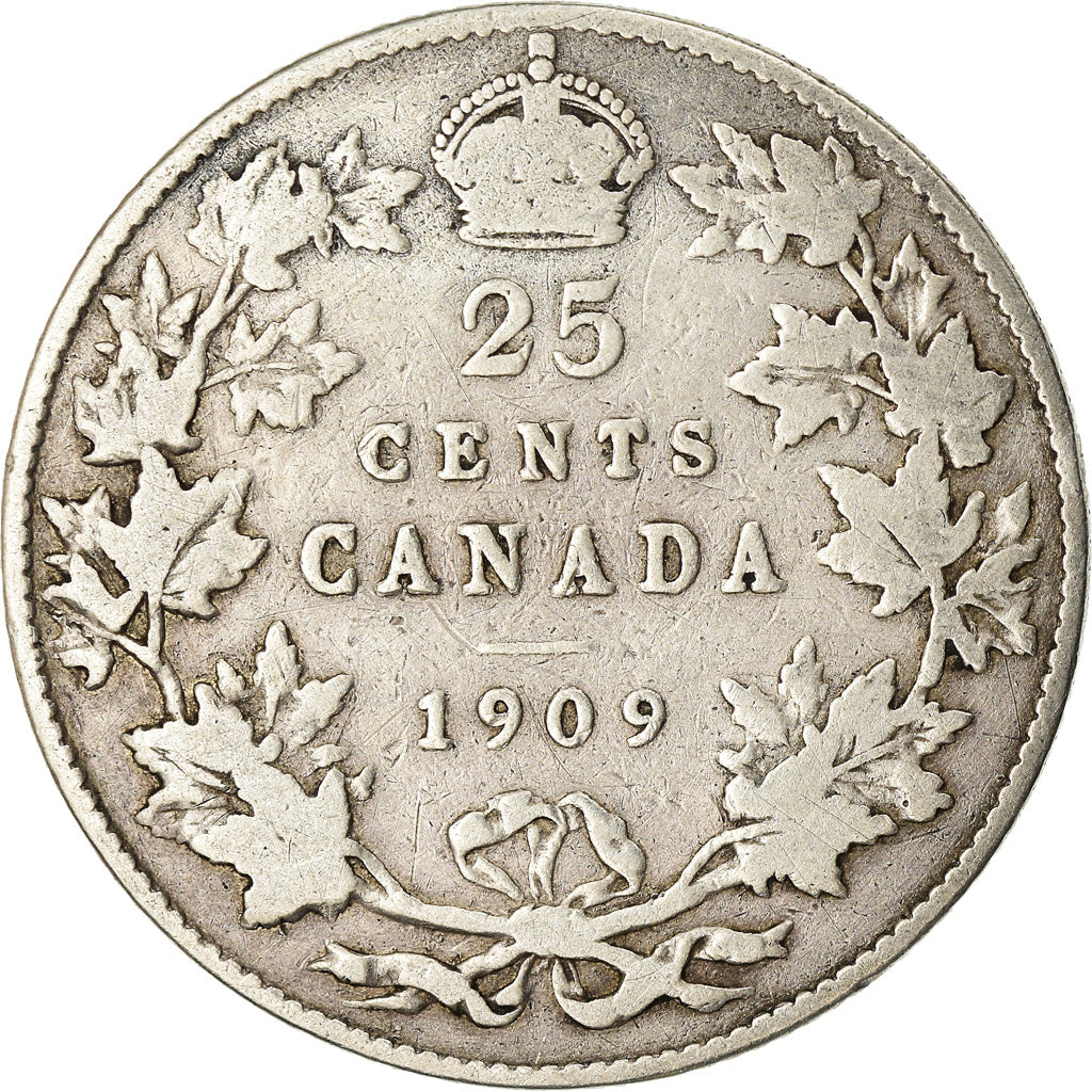 Moneta, Canada, Edward VII, 25 Cents, 1909, Royal Canadian Mint, Ottawa, B+