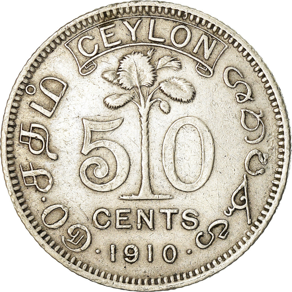 Coin, Ceylon, Edward VII, 50 Cents, 1910, EF(40-45), Silver, KM:99