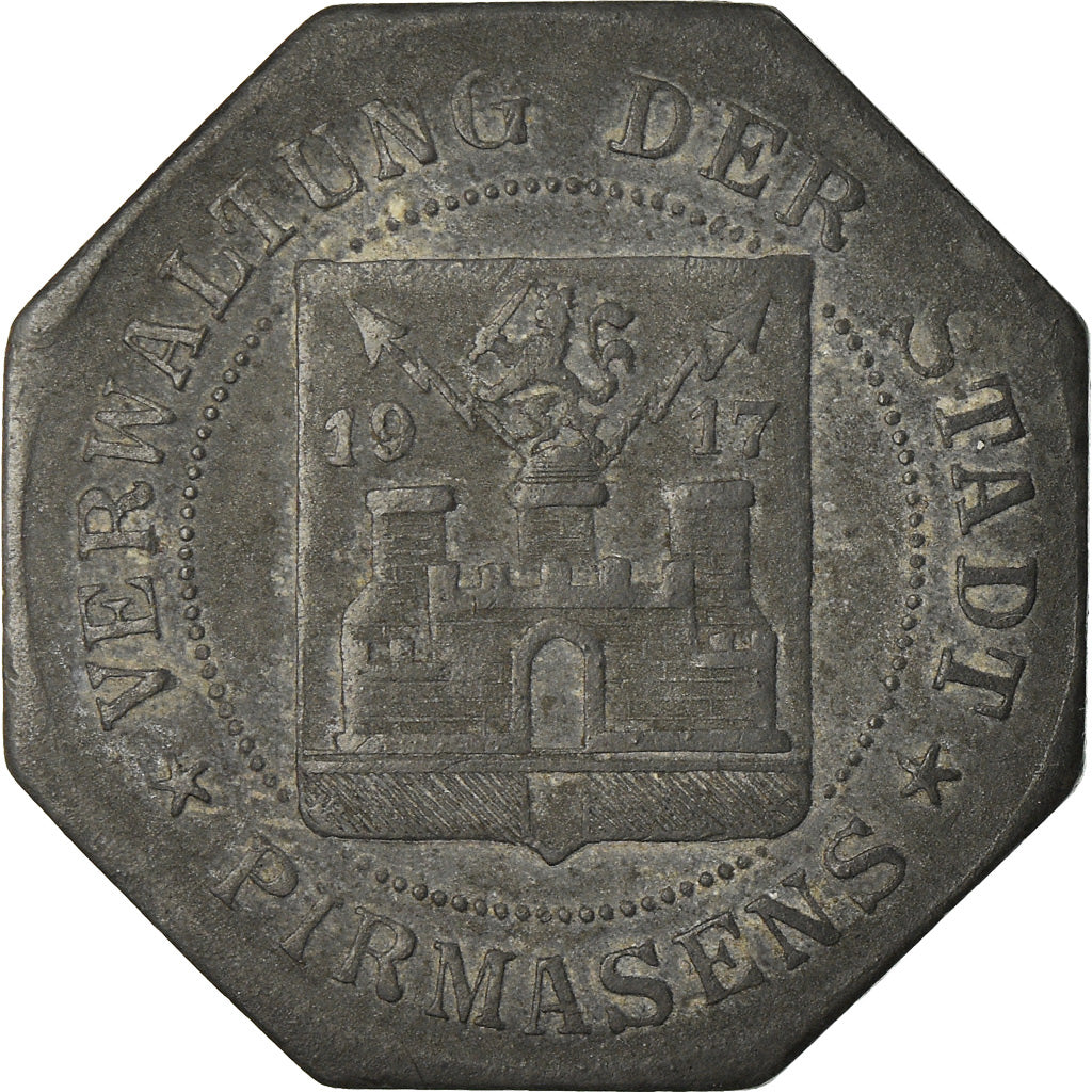 Moneta, Germania, Kleingeldersatzmarke, Pirmasens, 10 Pfennig, 1917, BB, Zinco