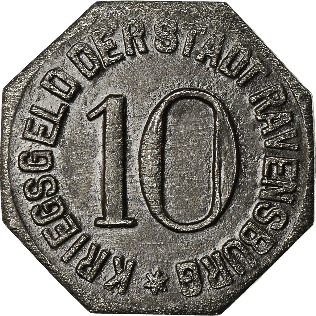 Coin, Germany, Kriegsgeld, Ravensburg, 10 Pfennig, 1918, AU(50-53), Iron