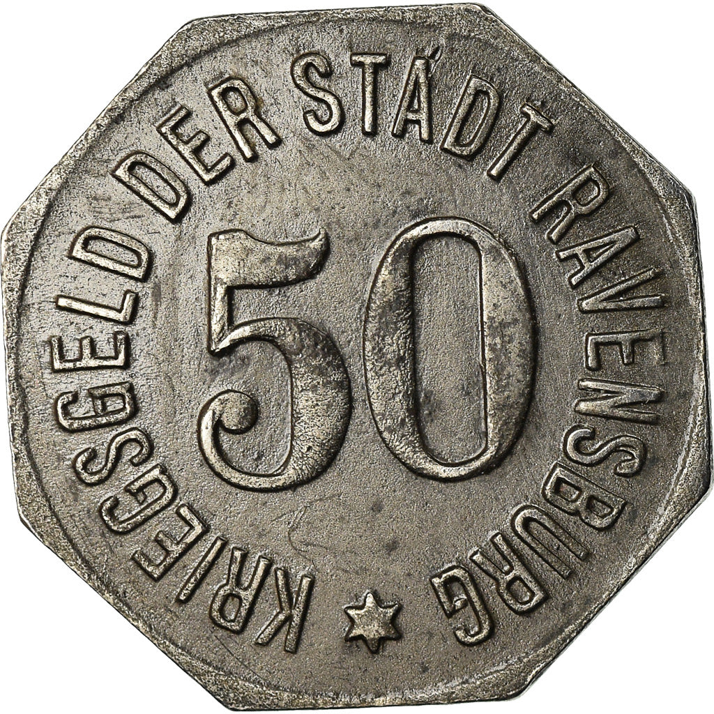 Coin, Germany, Kriegsgeld, Ravensburg, 50 Pfennig, 1918, AU(50-53), Iron