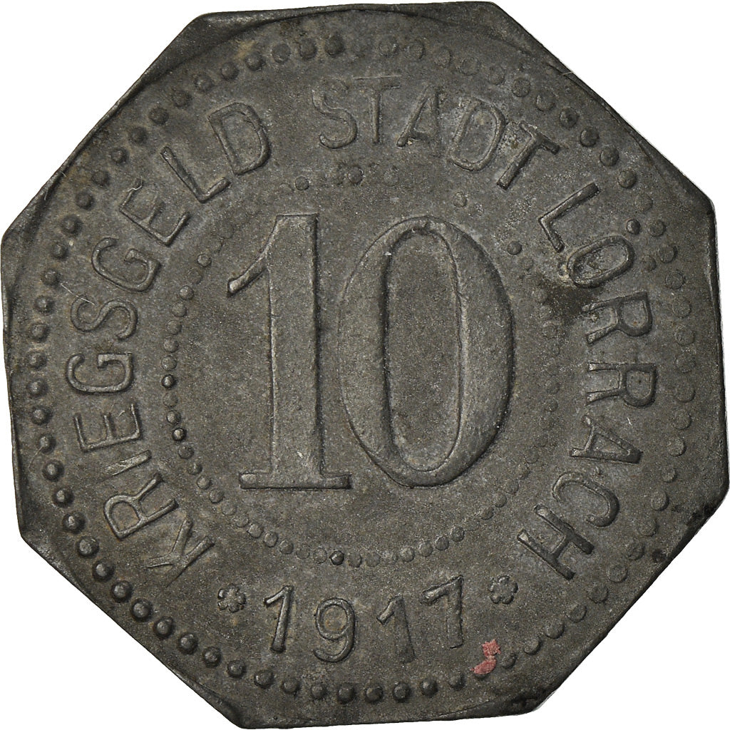 Coin, Germany, Kriegsgeld, Lörrach, 10 Pfennig, 1917, EF(40-45), Zinc