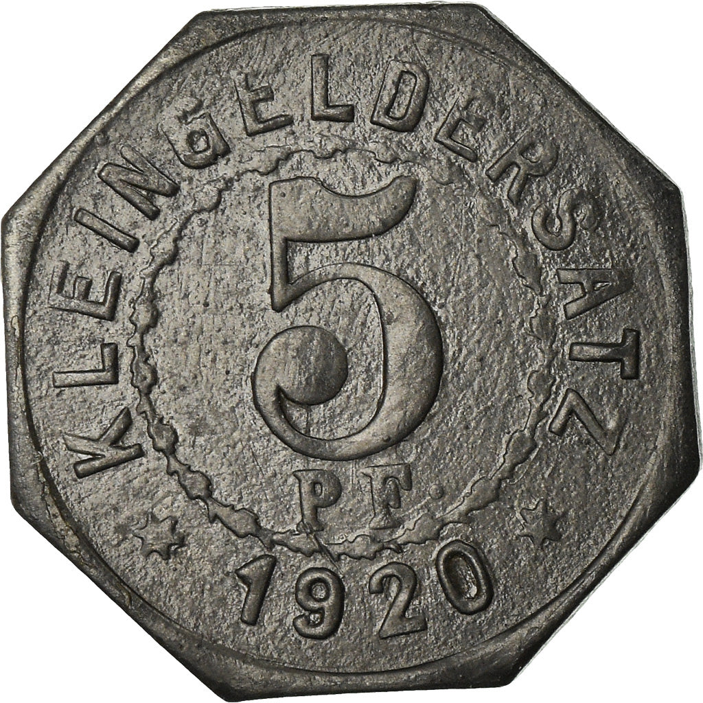 Coin, Germany, Kleingeldersatz, Mergentheim, 5 Pfennig, 1920, AU(50-53), Zinc