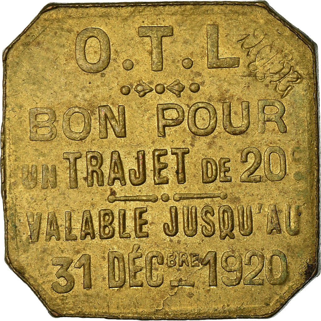 Münze, Frankreich, Omnibus Tramways de Lyon, Lyon, 20 Centimes, 1920, VZ