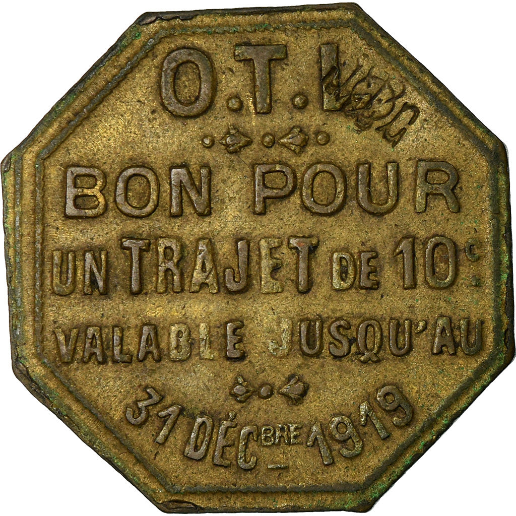 Moneta, Francia, Omnibus Tramways de Lyon, Lyon, 10 Centimes, 1919, BB, Ottone