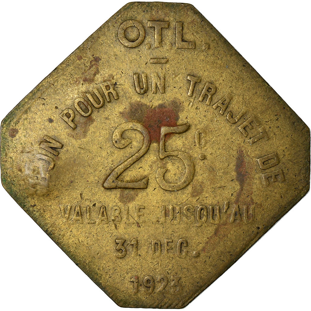 Monnaie, France, Omnibus Tramways de Lyon, Lyon, 25 Centimes, 1923, TTB, Laiton