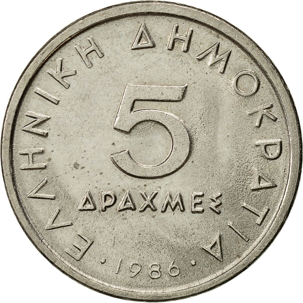 Münze, Griechenland, 5 Drachmai, 1986, VZ, Copper-nickel, KM:118