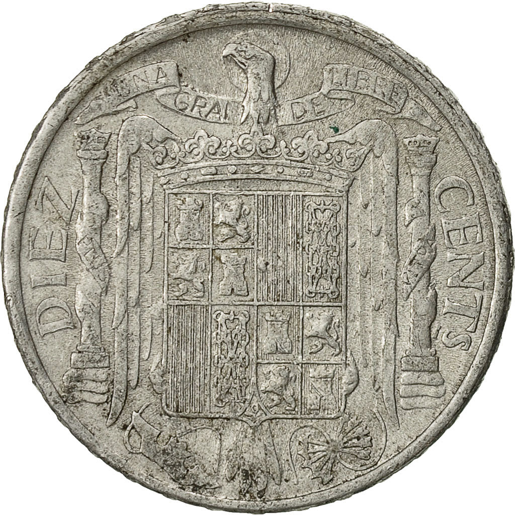 Coin, Spain, 10 Centimos, 1945, EF(40-45), Aluminum, KM:766